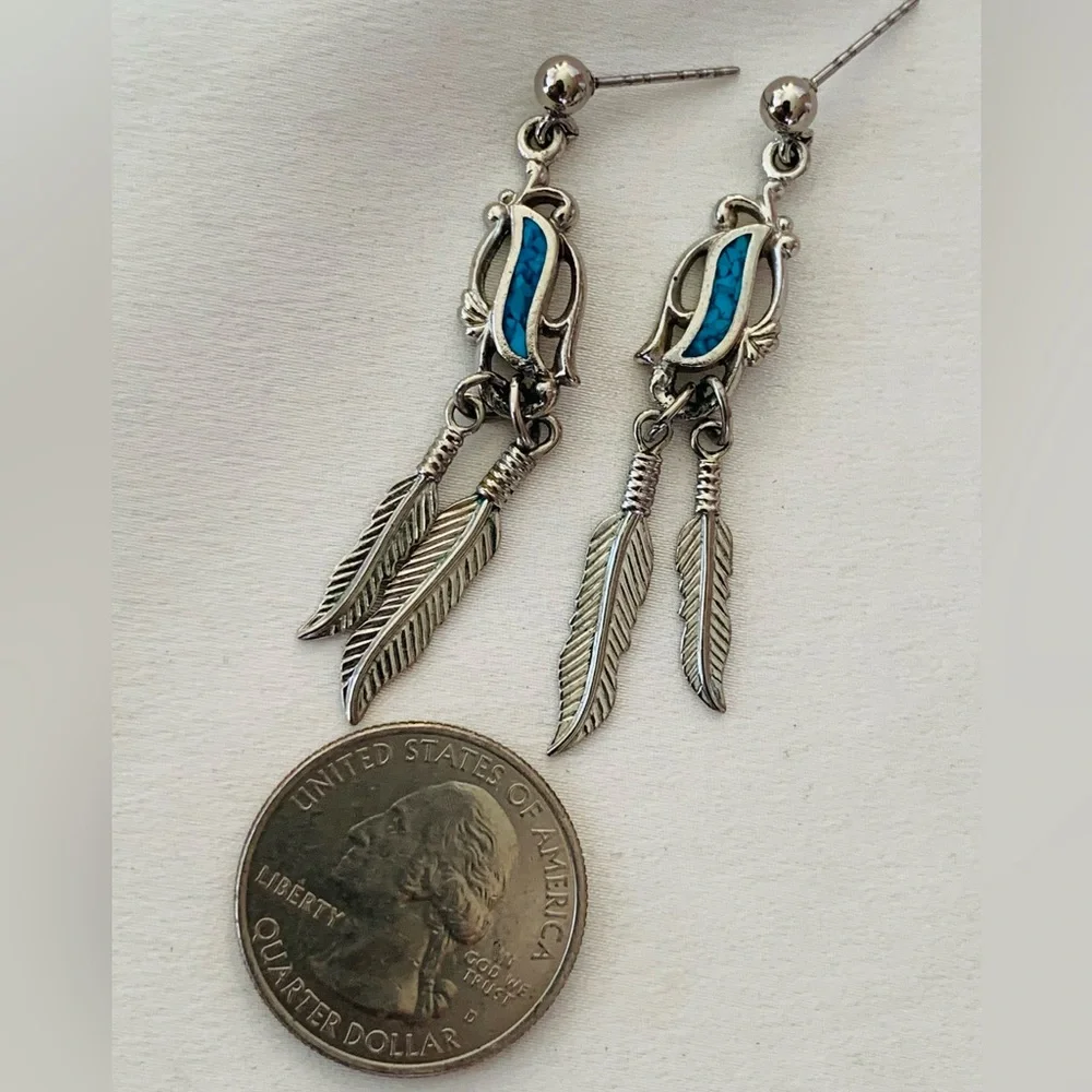 Native American Turquoise and Sterling Drop Feather Charm Earrings Wheeler Mark - Picture 4 of 5